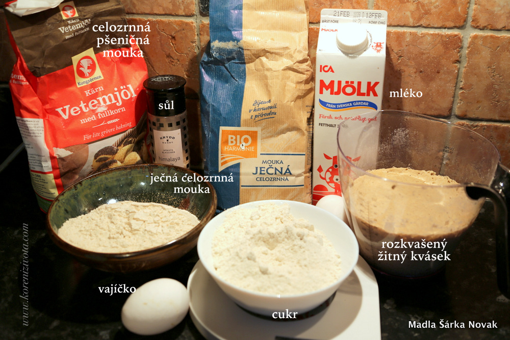 suroviny na základní recept: celozrnná mouka, rozkvašený kvásek, mléko, vejce, cukr a sůl