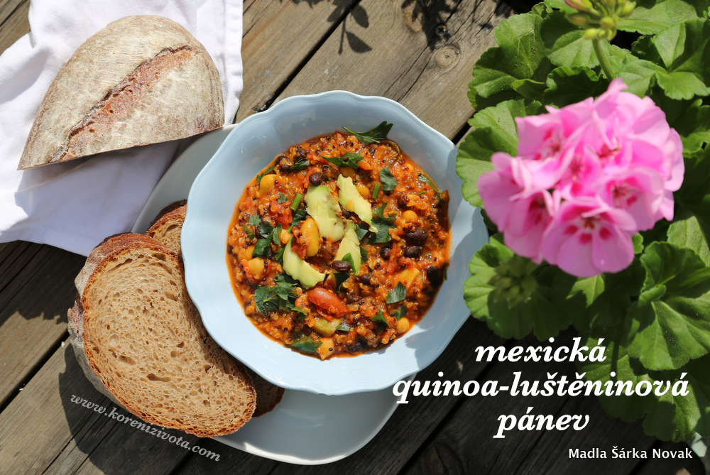 mexická quinoa-luštěninová pánev s kouskem domácího chleba