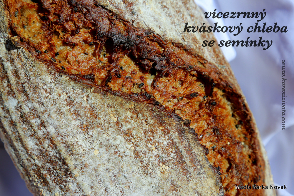 Vícezrnný kváskový chleba se semínky vypečený do křupava